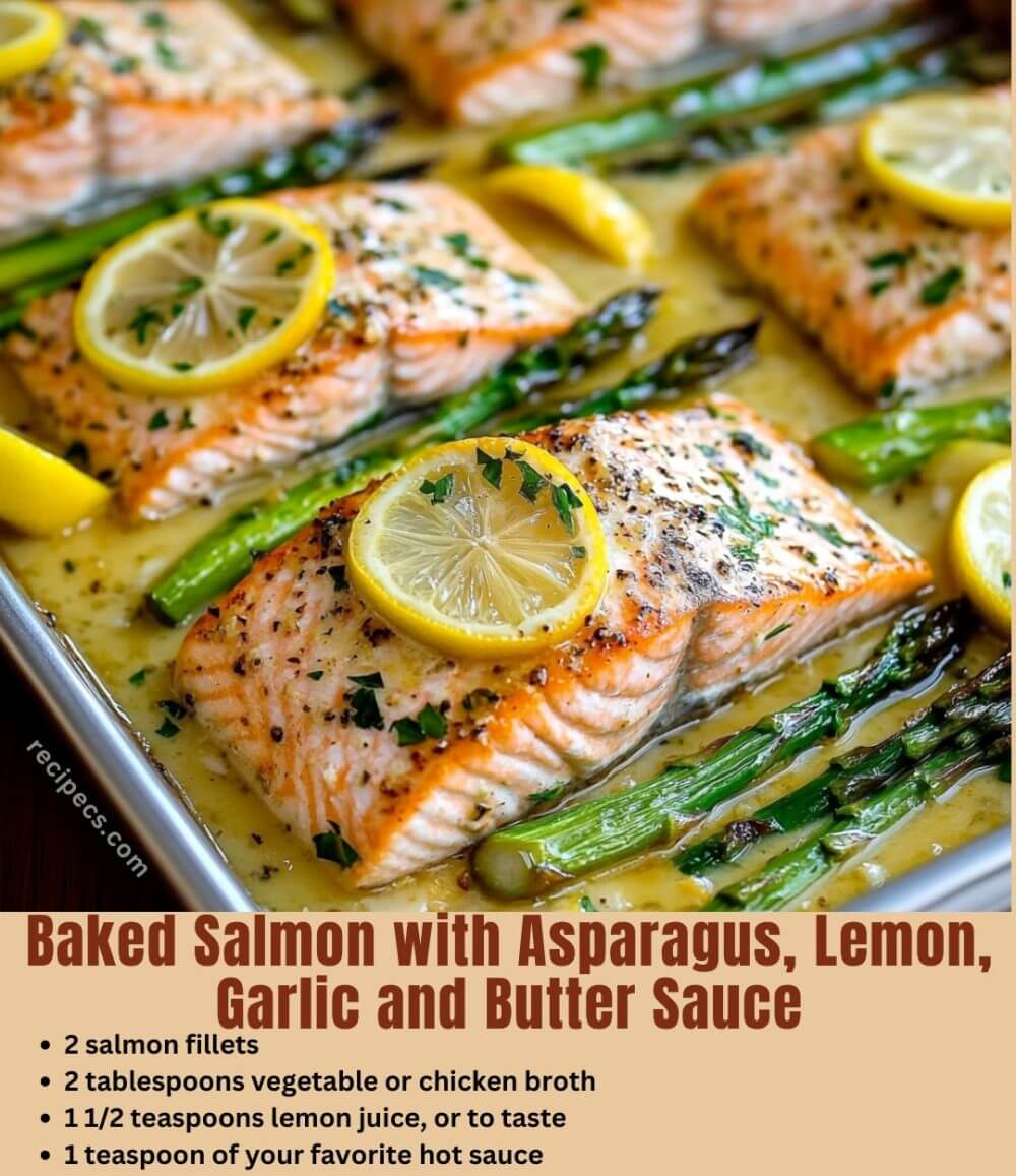 Baked Salmon with Asparagus, Lemon, Garlic and Butter Sauce - Recipecs